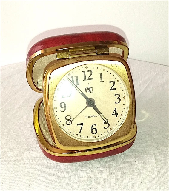 MELUX 7 JEWELS 60s travel alarm clock pocket  sveglia orologio viaggio borgogna