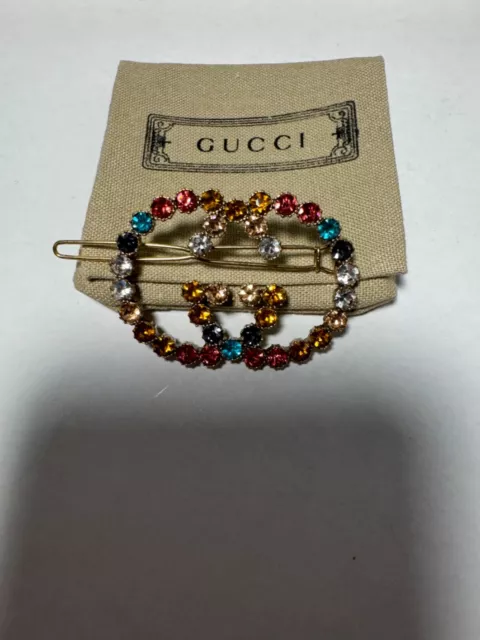 Auth Gucci Hair Barrette Colorful/ Antique Gold Tone Pre Owned Nice Dust Pouch