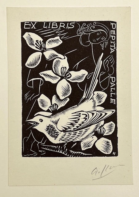 Vintage Ex libris - Flowers, a Bird and a Girl - Religious - Pepita Pale - Spain