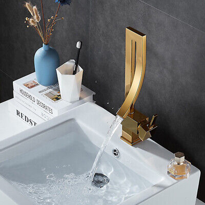 Bathroom Vanity Basin Gold Waterfall Spout Single Handle Faucet Mixer Taps Brass