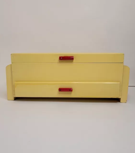 Old Retro Art Deco Dovetail Painted Wooden Jewelry Box Red Bakelite Handles Silk