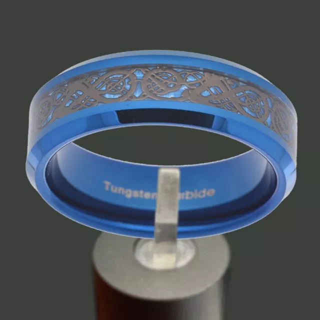 8mm Blue Tungsten Carbon Fiber Black Celtic Dragon Inlay Bevel Men Wedding Band