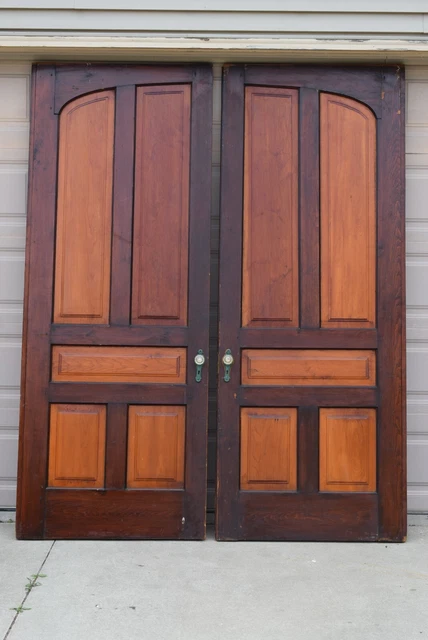 Antique Pair Wood 37 X 96 5 Panel Arched Top Interior Doors Pocket