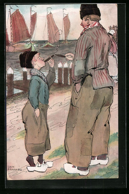 Künstler-AK sign. Jan Franken: Vater und Sohn aus Holland beim Rauchen 1909
