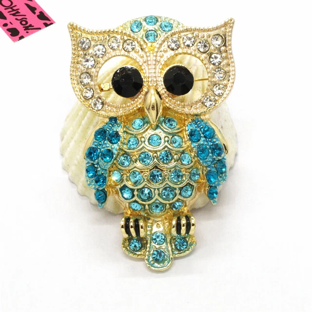 Hot Betsey Johnson Blue Bling Cute Owl Animal Crystal Charm Brooch Pin Gifts