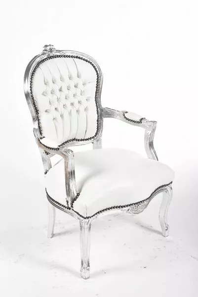 Poltrona sedia con braccioli Luigi XVI foglia argento eco-pelle bianca Luxury