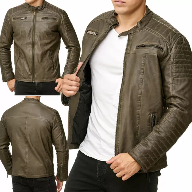 Giacca in pelle effetto invecchiato da uomo vera pelle d'agnello trapuntata moto cafe racer