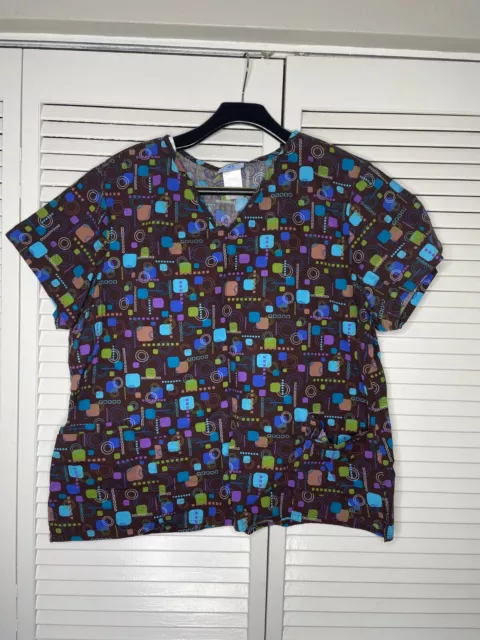 Womens Medical Nursing Scrub Brown Blue Size 2XL Printed Short Sleeve B1