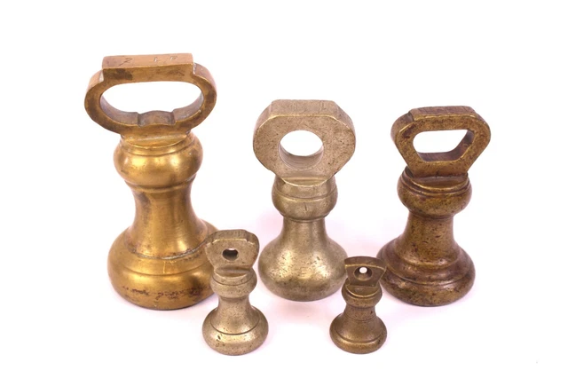 5 tlg. Set alte Glockengewichte OZ LB England Messing Librasco für Waagen Antik