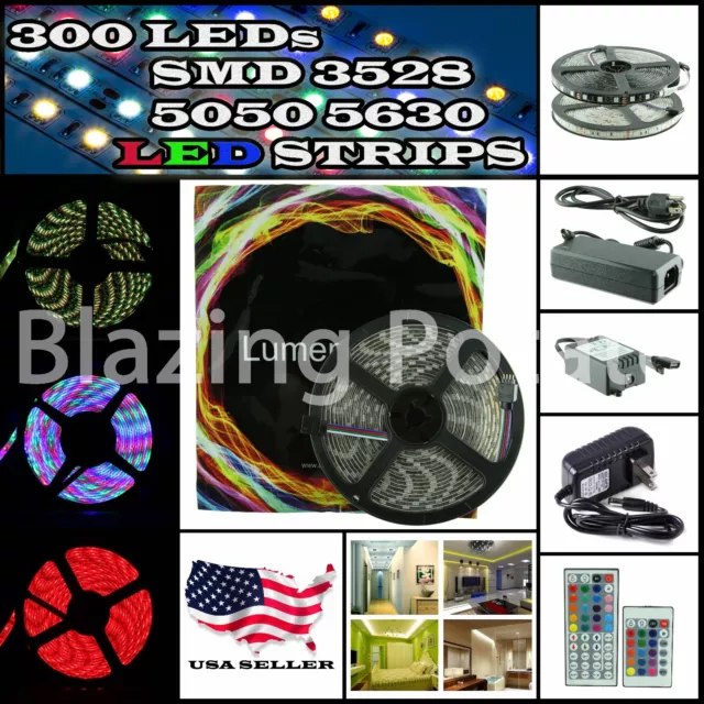 ☆5M SMD 3528 5050 5630 300 LEDs RGB LED Strip Light 12V Power Supply USA Seller☆