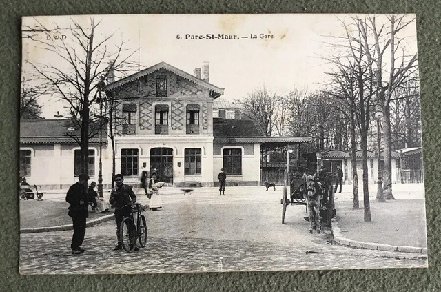CPA. PARC SAINT MAUR. 94 - La Gare. 1906. Attelage. Bicyclette.