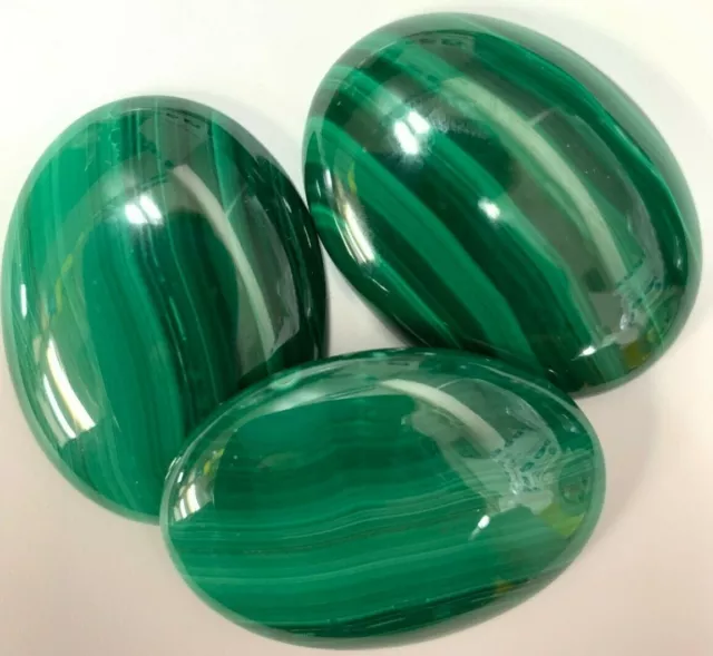 3 Large Genuine Malachite Stone Cabs - 30x40mm Ovals - Vintage Stock