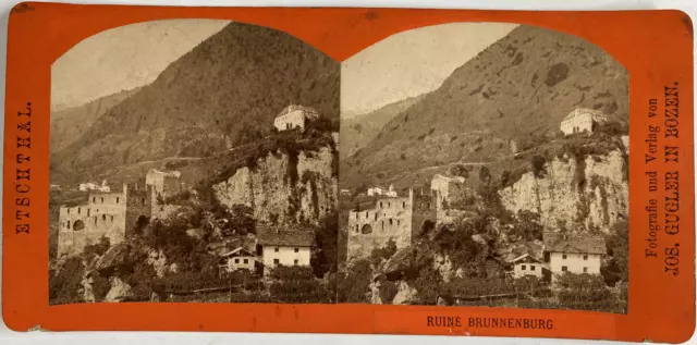 Italie, Tyrol, Ruines du Château de Brunnenburg, vintage print, ca.1870, stéréo