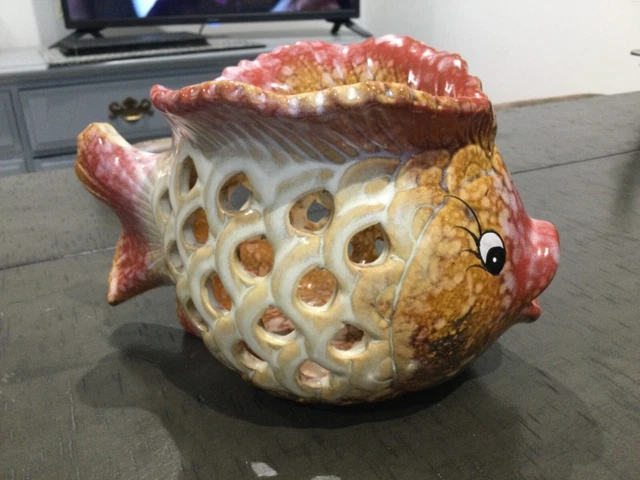 Quirky Vintage Drip Glazed / Raku ? Studio Pottery Blow Fish Ornament Planter