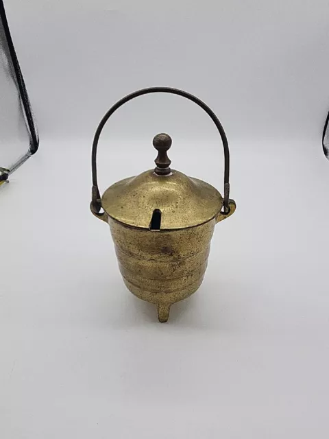 Vintage Cast Iron Fire Starter Smudge Pot Cauldron with Brass Lid & Handle