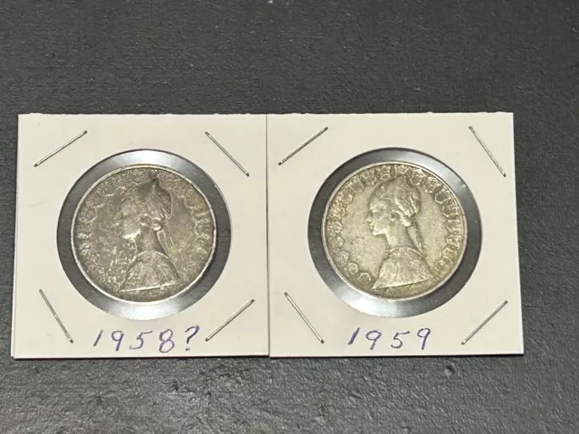 Lot of 2 coins- Italian 500 Lire silver coins- 83.5% silver- 1958? and 1959