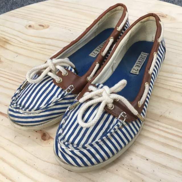 Forever 21 Boat Shoes Womens 6 Blue Stripes Slip On Flats Casual Comfort Canvas 3