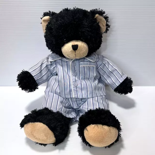 Build a Bear Workshop Black Bear Cub in Blue Striped Pyjamas PJs 37cm 2012 BAB