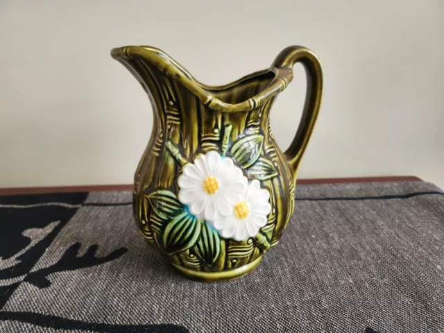 Vintage 1970's Japan Green Bamboo and White Daisy Pitcher Creamer