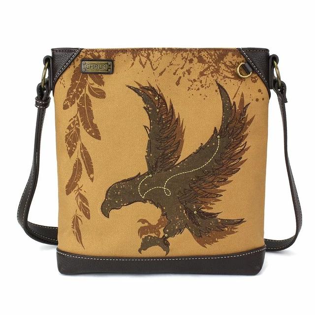 New Chala Brown Safari Eagle Canvas Crossbody Tote Bag Purse Faux Leather Cotton
