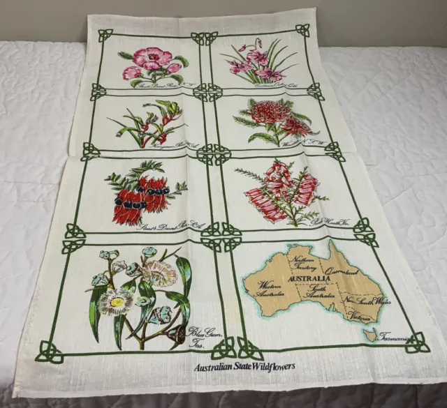 Vintage Souvenir Kitchen Towel, Australia, State Wildflowers, Linen/Cotton