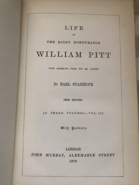 Life of William Pitt by Earl Stanhope 1879 New Edition RARE Antique Book