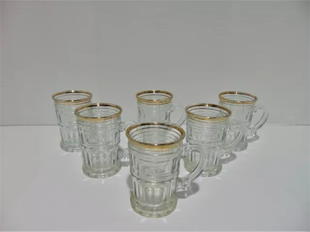 6 Demitasse Espresso Cups Greek Key Design Clear Glass Gold Rim