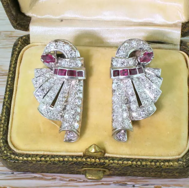 Circa 1940s Art Deco Pink Ruby & Old European Cut Cubic Zirconia Women's Earring