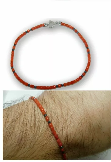 Bracciale di Uomo in ARGENTO 925 e VERO Corallo Rosso Braccialetto di Ematite