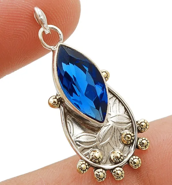 Two Tone 3CT Natural Blue Sapphire 925 Sterling Silver Pendant 1 1/2" NW12-3