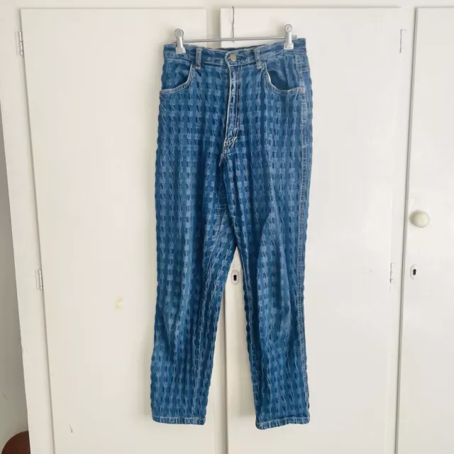 Vintage 80s 90s Check Denim Jeans Dark Wash High Waisted Tapered Leg Retro S