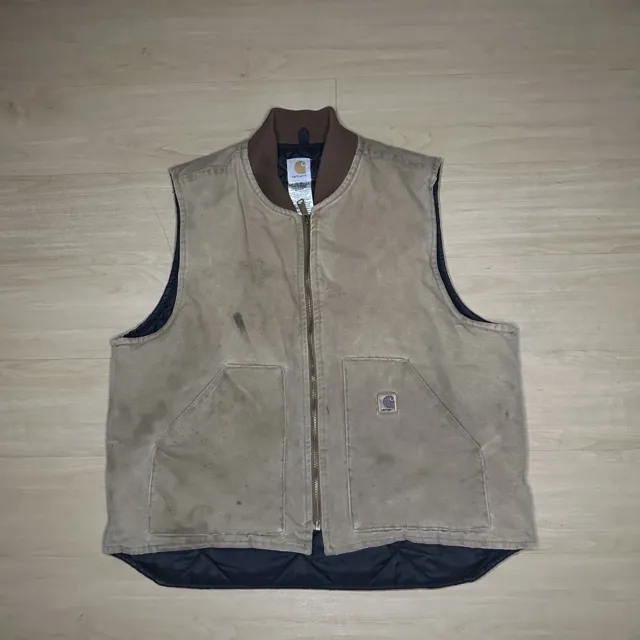 Vintage Carhartt Vest XL Men's Brown Full Zip Quilt Lined Canvas Used V02 USA