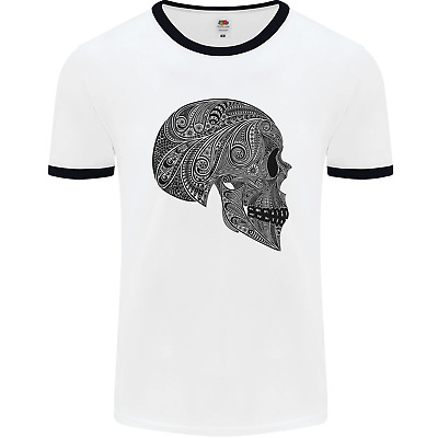 Mandala Skull Gothic Biker Motorbike Mens White Ringer T-Shirt