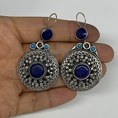 1pc, 2.4"x1.3" Turkmen Earring Tribal Jewelry Lapis Lazuli Round Boho, B14244