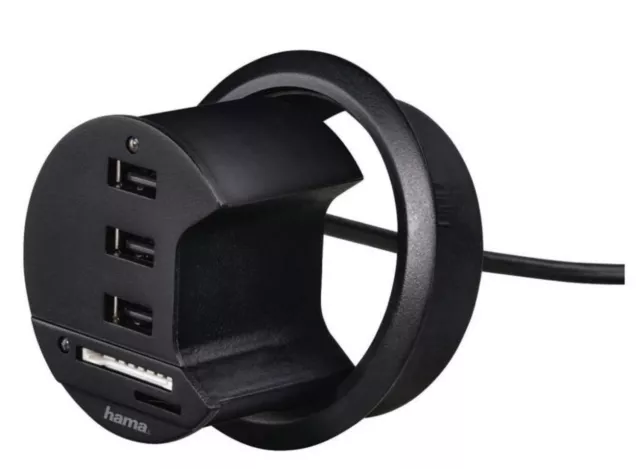 Hama USB 2.0 Hub Karten-Leser Tisch-Einbau 60 / 80mm 3x USB-Port Verteiler Desk 2