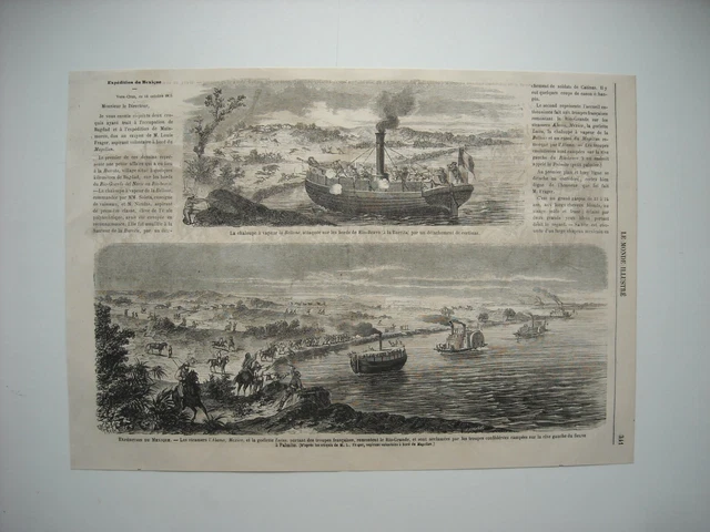 GRAVURE 1864. EXPE Mexique. CHALOUPE A VAPEUR LA BELLONE ATTAQUEE PAR CORTINAS…