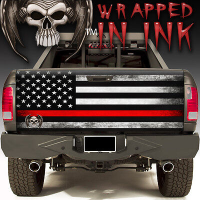 Red Line Tailgate Wrap Fallen Fire Fighter Truck Graphics American Flag Subdued