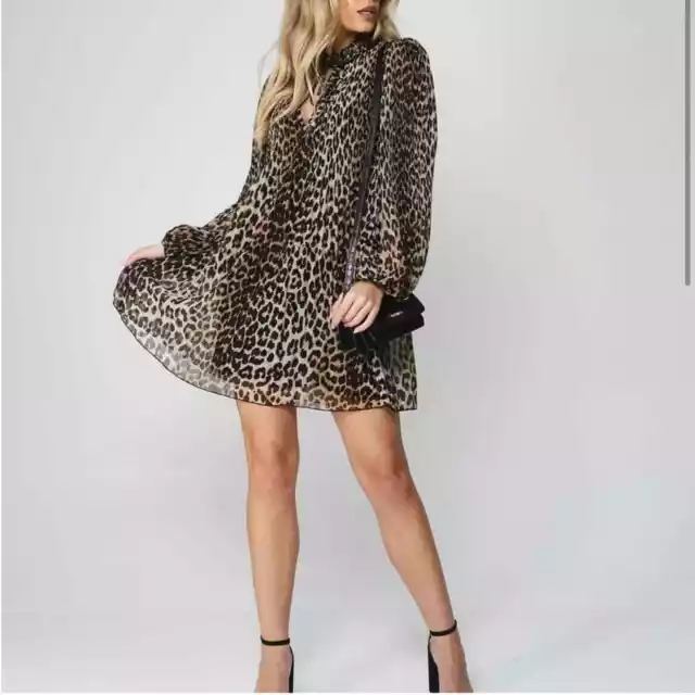 GANNI Georgette Leopard Pleated Mini Dress - Black/Tan - 40 or US 8