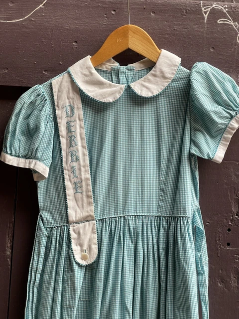 vintage Girls Dress-1940s 1950s Gingham Plaid Blue White Turquoise Cross Stitch