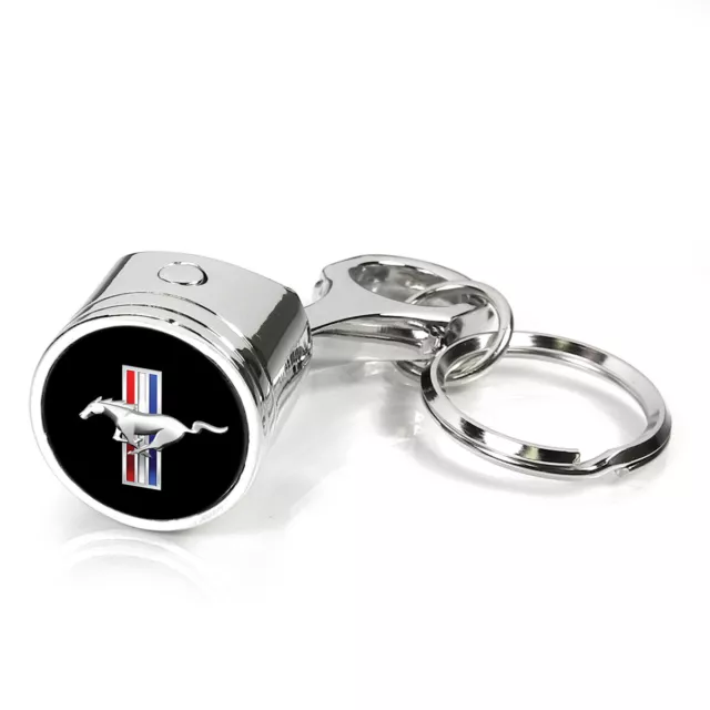 Chrome Finished Metal Piston Key Chain - Ford Mustang Tri-Bar