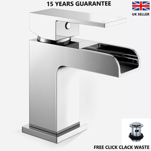 Chrom Wasserfall Waschbecken Mixer Wasserhahn Quadratisch Mono Badezimmer Garderobe KOSTENLOSER ABFALL