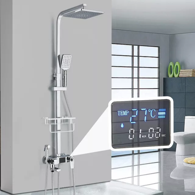 Digital Display Thermostatic Rainfall Shower Faucets 4-Function Mixer W/Shelf