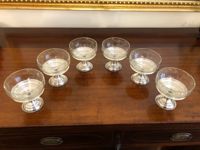 Six Antique Sterling Silver and Etched Glass Sherbert Compotes w/Removable Bowls