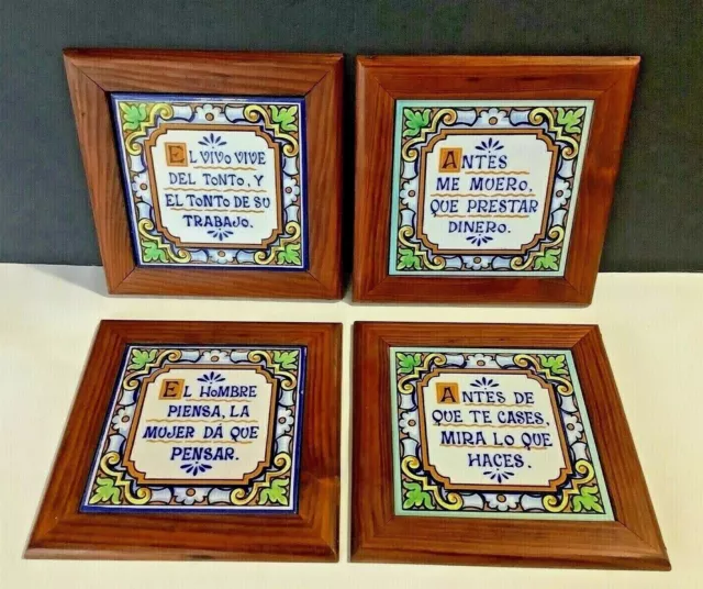 Set 4 VTG Spain Ceramic Talavera Hand-Painted SPANISH QUOTES 6"x 6" Decor Tiles
