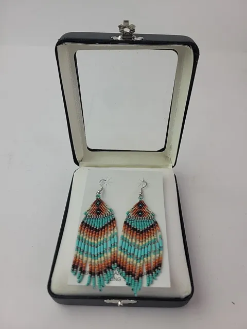 Genuine Indian Handcrafted Sterling Silver Seed Bead Chandelier Drop Earrings .