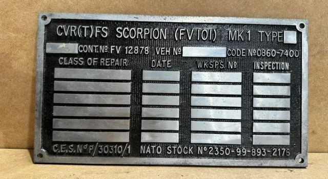 CVRT - SCORPION - FV101 Mk1 Repair Plate - FV12878 - Blank ‘new old stock’