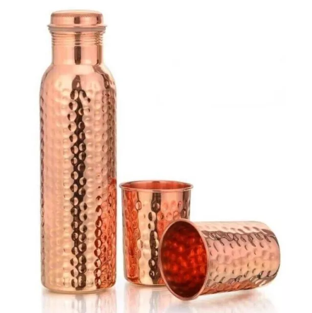 Botella de agua de cobre martillado puro con 2 juegos de vidrio martillado de 3