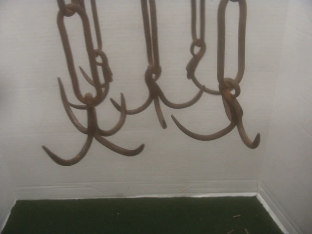 ANTIQUE PRIMITIVE HAND FORGED MEAT HOOKS HANGER wrought Iron Butcher Smokehouse 3