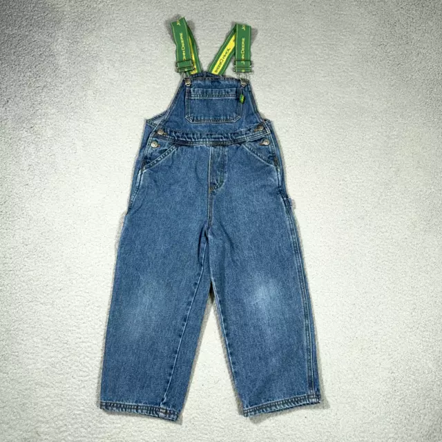 John Deere Denim Overalls Bibs 4T Toddler Blue 100% Cotton Green Spell out strap