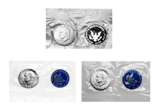 1971 S 1973 S Eisenhower Ike Silver Dollar BU Blue Pack OGP 3 Coin Lot
